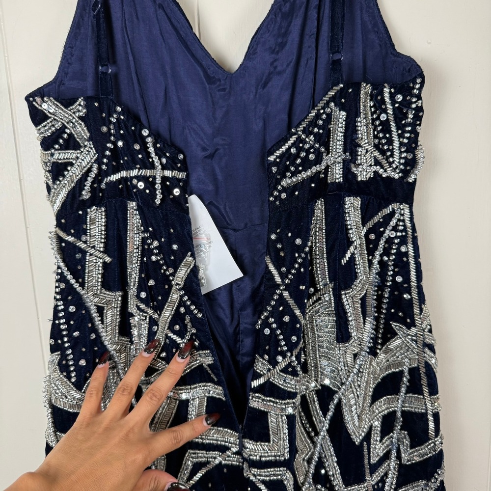 ASOS Navy Blue Velvet Sequin Geometric Print Spaghetti Strap Jumpsuit - Picture 7 of 16